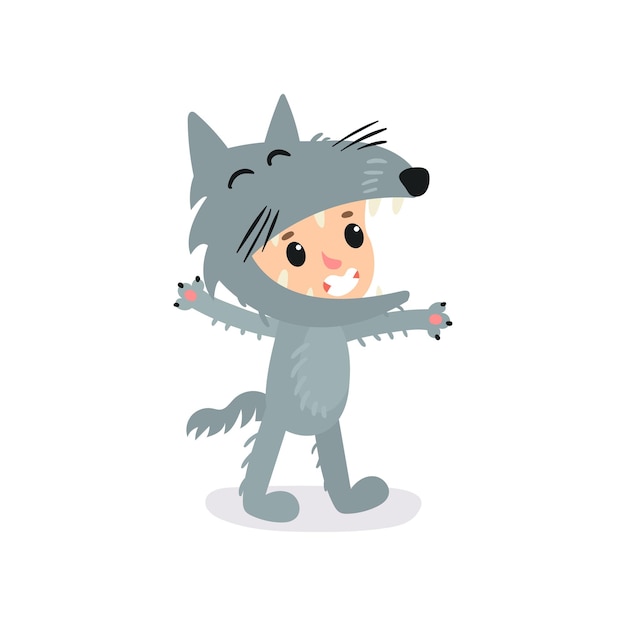 회색 늑대 의상을 입은 어린 소년이나 소녀의 만화 캐릭터 어린이 파티를 위한 재미있는 할로윈 죄수복 흰색 배경에 고립 된 평면 스타일의 벡터 일러스트 배너 엽서 또는 스티커