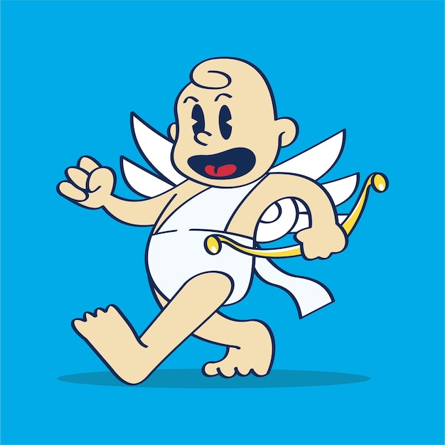 Cartoon Character Little Cupid Walking Happy Face Holding Bow Hand Drawing Illustration