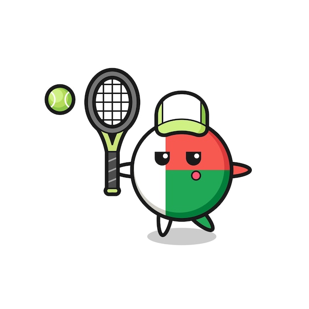 Мультяшный персонаж значка флага мадагаскара в виде симпатичного дизайна теннисиста