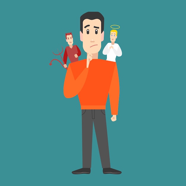 Cartoon Character Man with Angel and Devil on Shoulders Choice or Decision Concept Element Flat Design Style Vector illustration