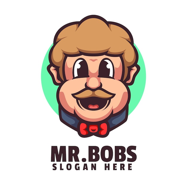 Cartoon character of a man with a mustache and a bow tie