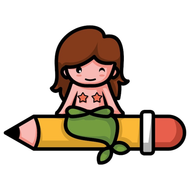 Vector cartoon character mascot vector illustration a mermaid is sitting on pencil