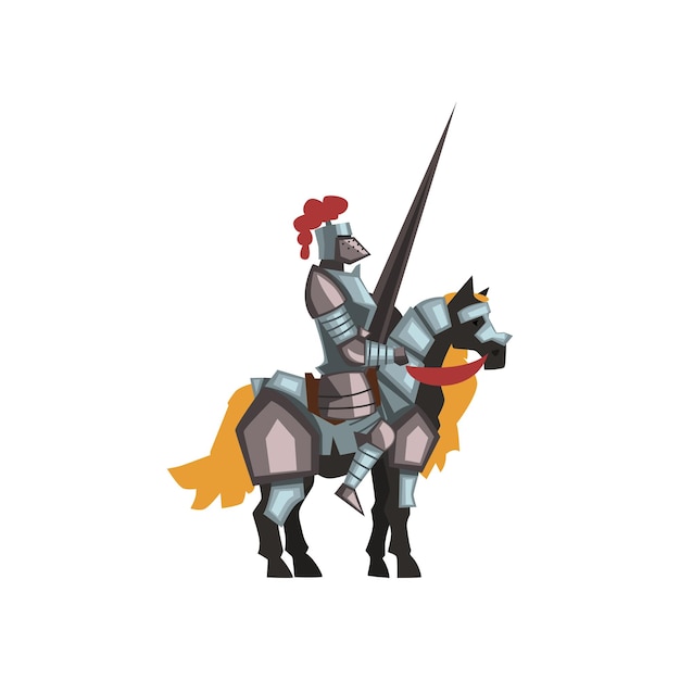 Vector cartoon character of medieval knight riding horse holding striped lance. royal warrior in shiny armor and helmet with red feather. colorful flat vector illustration isolated on white background.