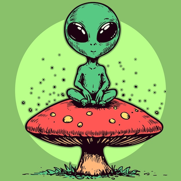 Cartoon character of a meditating alien sitting on top of a trippy psychedelic mushroom