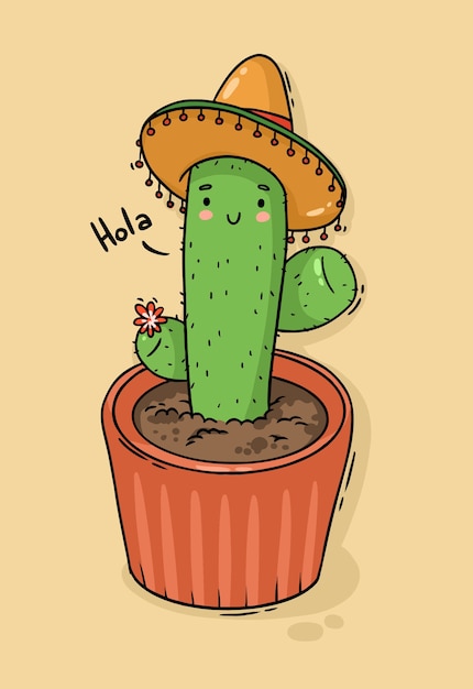 Cartoon character mexican cactus in sombrero