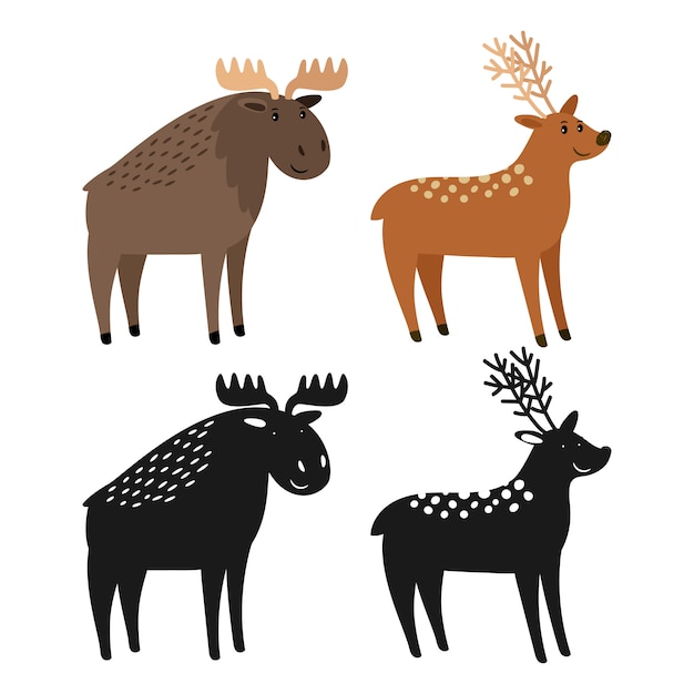 Vector cartoon character moose and deer with their silhouettes