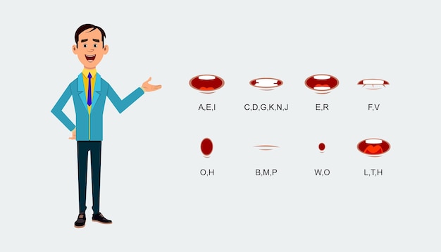 Cartoon character mouth and lips sync for sound pronunciation.