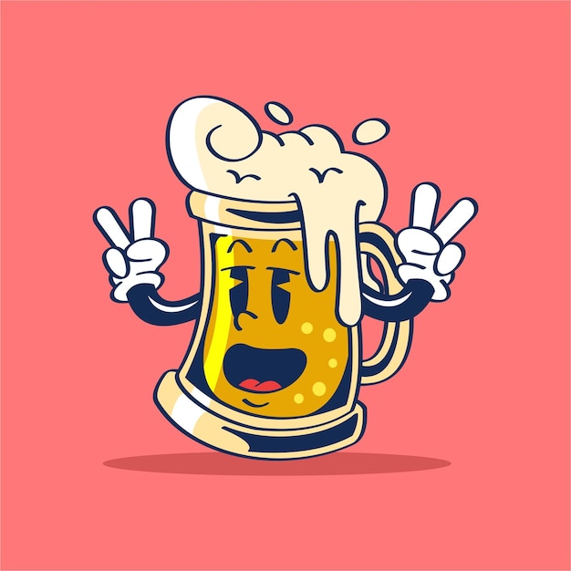 Vector cartoon character of a mug of beer with two fingers showing.