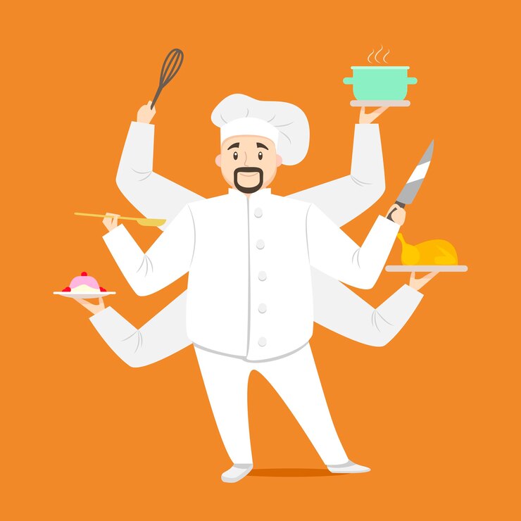 Vector cartoon character multitasking chef cooking food multitask restaurant concept element flat design style vector illustration of activity cook