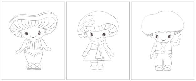 Cartoon character mushroom coloring page. Set of three pages for a coloring book.