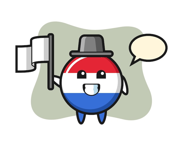 Cartoon character of netherlands flag badge holding a flag