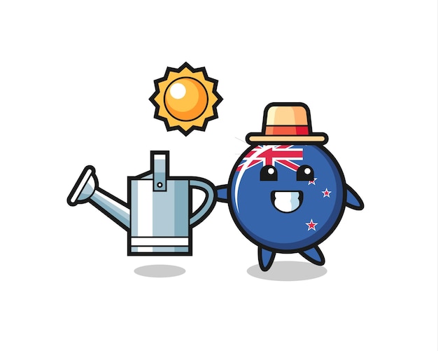 じょうろを保持しているニュージーランドの旗バッジの漫画のキャラクター