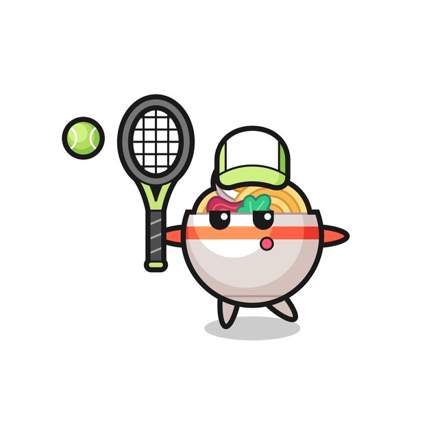 Cartoon character of noodle bowl as a tennis player , cute style design for t shirt, sticker, logo element