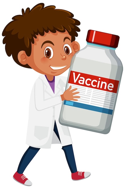 Covid-19 백신 병을 들고 있는 의사의 만화 캐릭터