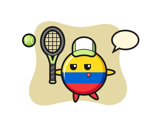 テニスプレーヤーとしてのコロンビアの旗バッジの漫画のキャラクター、tシャツ、ステッカー、ロゴ要素のかわいいスタイルのデザイン
