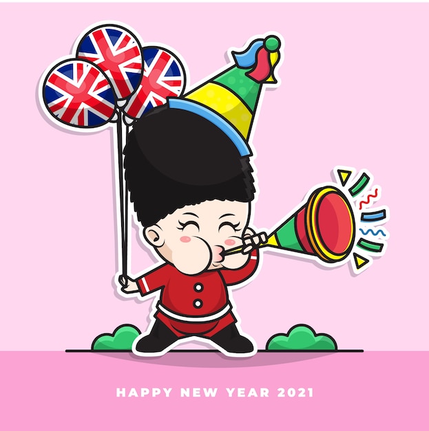 Мультипликационный персонаж милого британского ребенка трубит в новогоднюю трубу и несет воздушный шар с национальным флагом