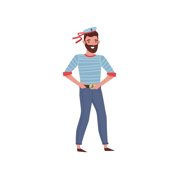 Мультфильмный персонаж улыбающегося бородатого моряка молодого человека в полосатой рубашке, брюках и морской шапке