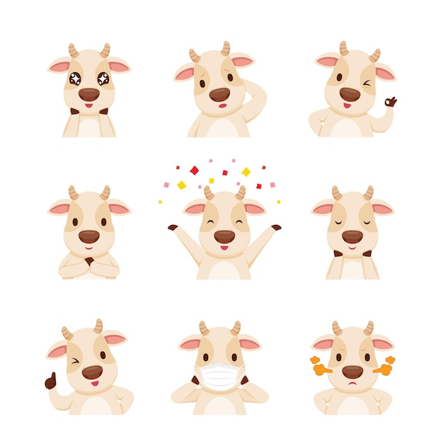 Cartoon Character Of The Ox, Emoticons Set, Year Of The Ox, Animal, Expression, Emotion