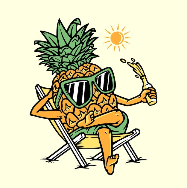 Personaggio dei cartoni animati di un ananas seduto su una sedia che indossa occhiali da sole e beve un cocktail.