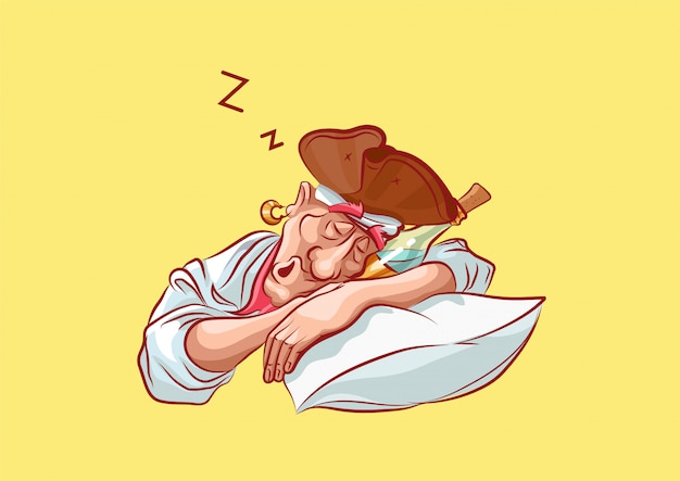 Vettore personaggio dei cartoni animati pirata dorme ubriaco mascotte