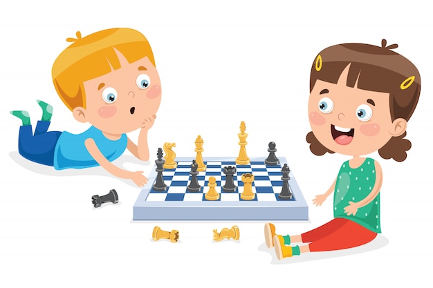 Vector cartoon character playing chess game