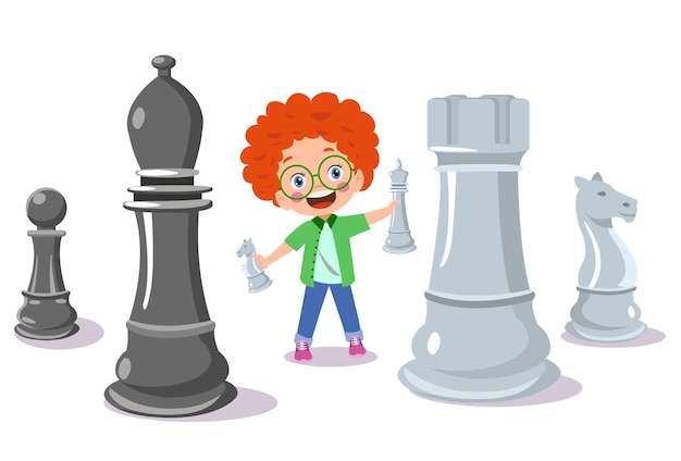 Vector cartoon character playing chess game