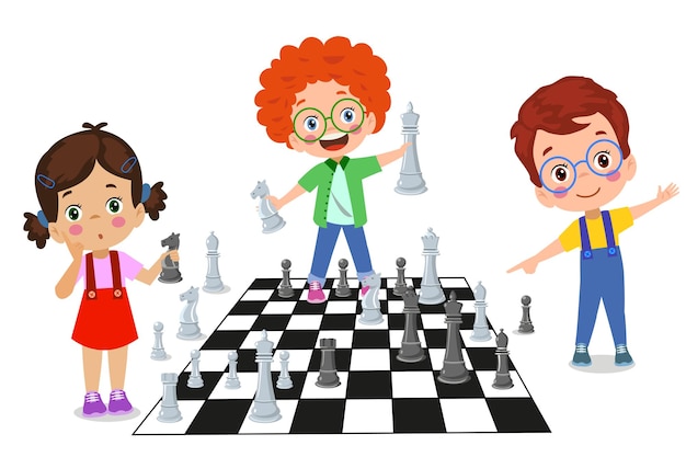 Vector cartoon character playing chess game