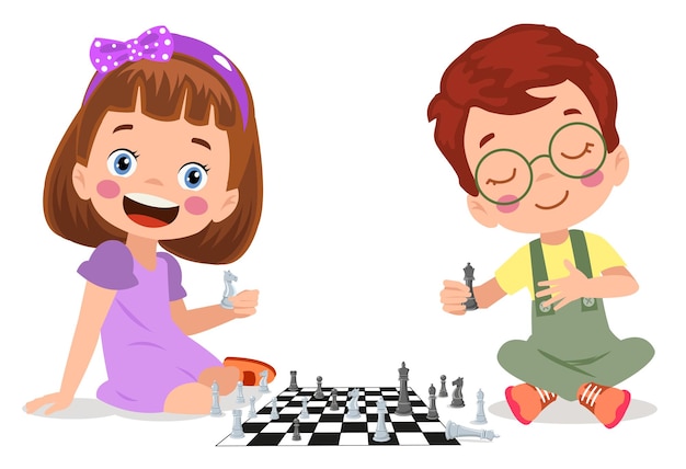 Vector cartoon character playing chess game