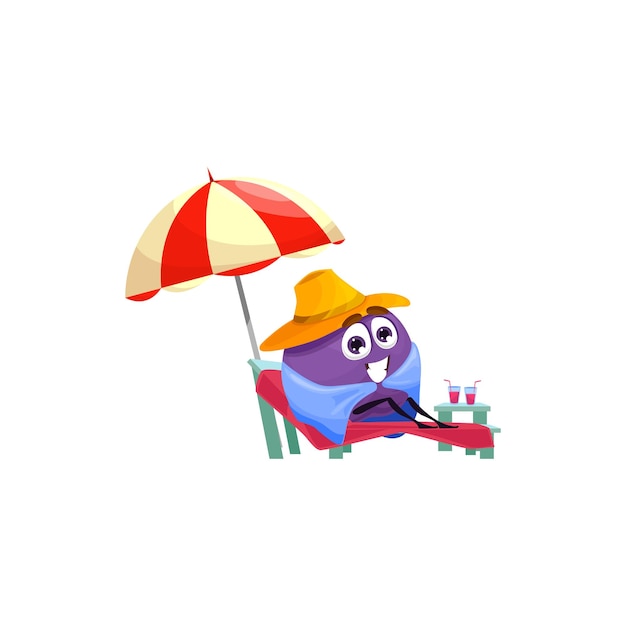 Vector cartoon character plum rest on beach summer fruit