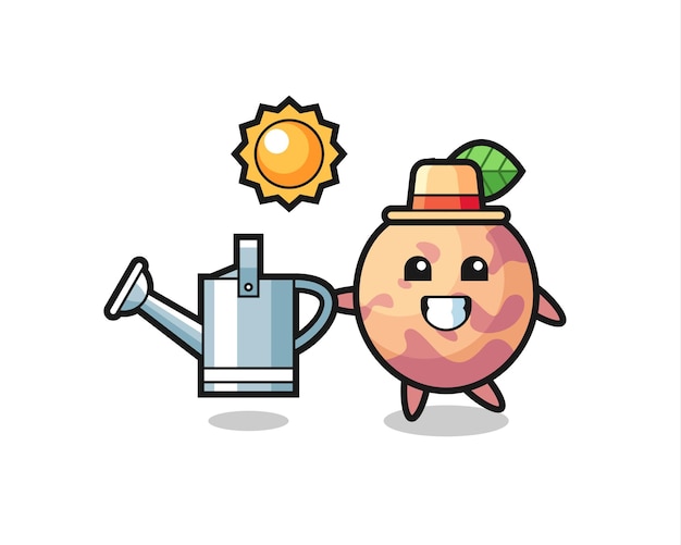 Cartoon character of pluot fruit holding watering can