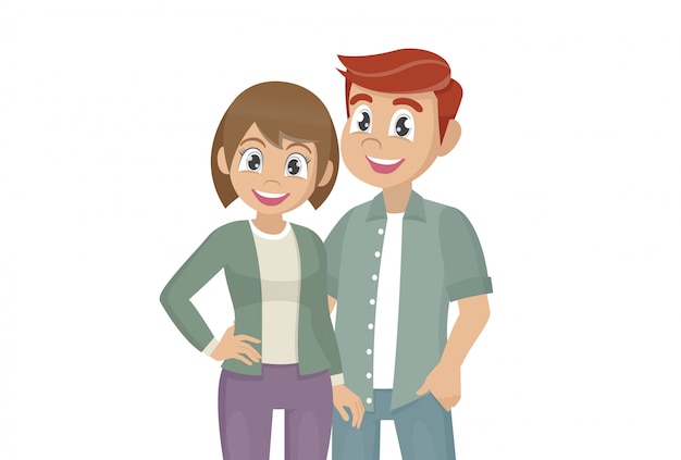 Cartoon character poses,  couple of young people.man and woman hug.