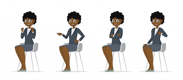 Vector cartoon character poses, set african women sit on chair.