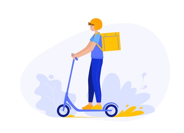 Cartoon character of positive courier in helmet delivering parcels using different transport Regional parcel carriers on scooter Modern postal system Vector