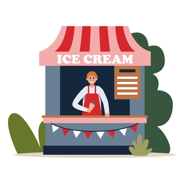 야외에서 아이스크림을 파는 긍정적인 젊은이의 만화 캐릭터
