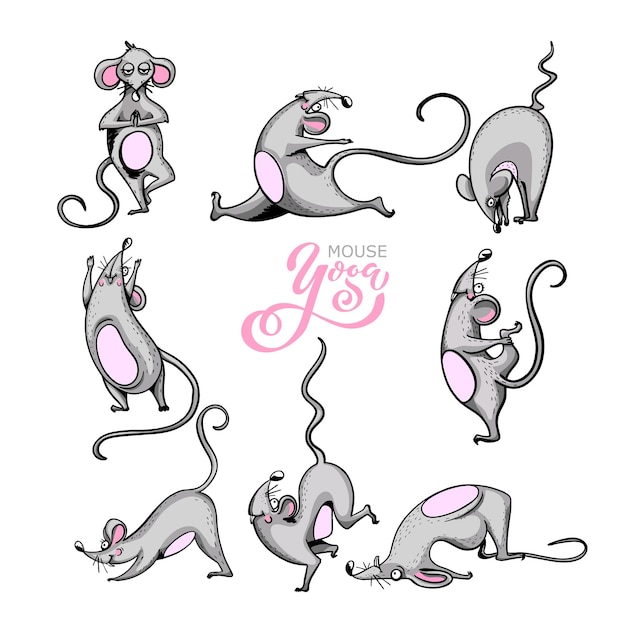 Cartoon character practicing yoga mouse character set Positive rat Illustration for a car or clothes Vector illustration