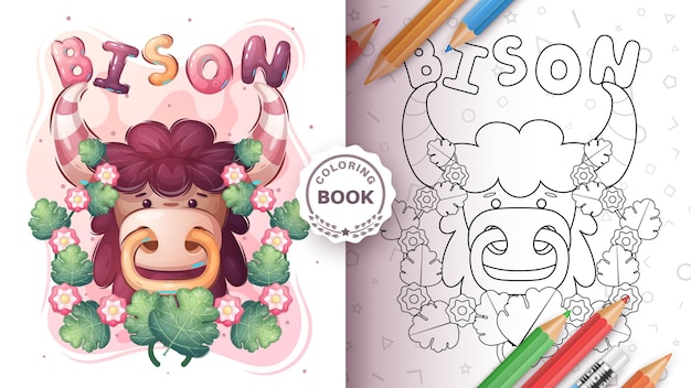 Cartoon character pretty animal bison coloring book