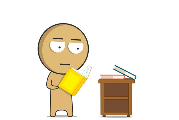 Cartoon character reading a book in front of a desk.