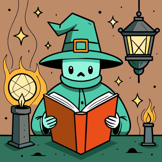 Vettore un personaggio di cartone animato che legge un libro con un cappello da strega