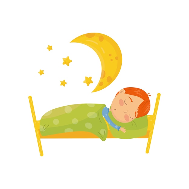 Vector cartoon character of redhaired boy sleeping in bed under warm blanket big yellow moon and little stars bedtime concept daily routine colorful flat vector design