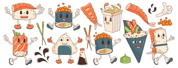 만화 캐릭터 복고풍 아시아 음식 70년대. 스시, 라면, 롤, 간장, 와사비가 있는 큰 스티커 세트.