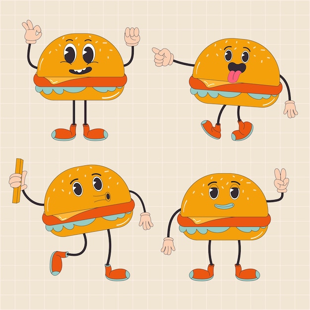 Cartoon character retro burger fast food 70s In trendy groovy hippie retro style