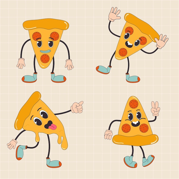 Cartoon character retro pizza food 70s street food in trendy groovy hippie retro style