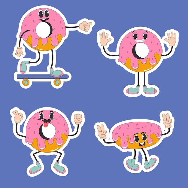 Cartoon character retro sticker donut food 70s In trendy groovy hippie retro style