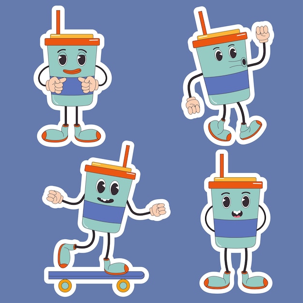 Cartoon character retro sticker drink food 70s In trendy groovy hippie retro style