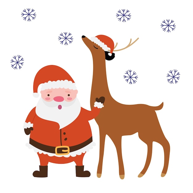 赤いスーツを着た漫画のキャラクター サンタ クロースが新年の帽子をかぶった鹿と一緒に立っています。
