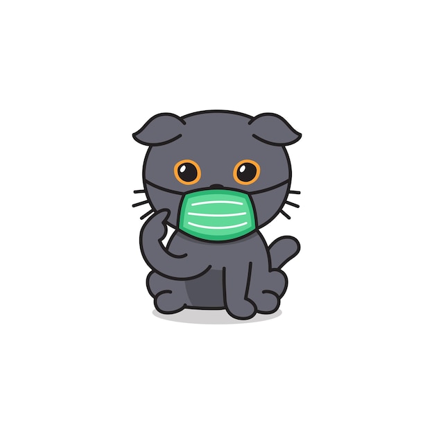 Cartoon character scottish fold cat wearing protective face mask for design.