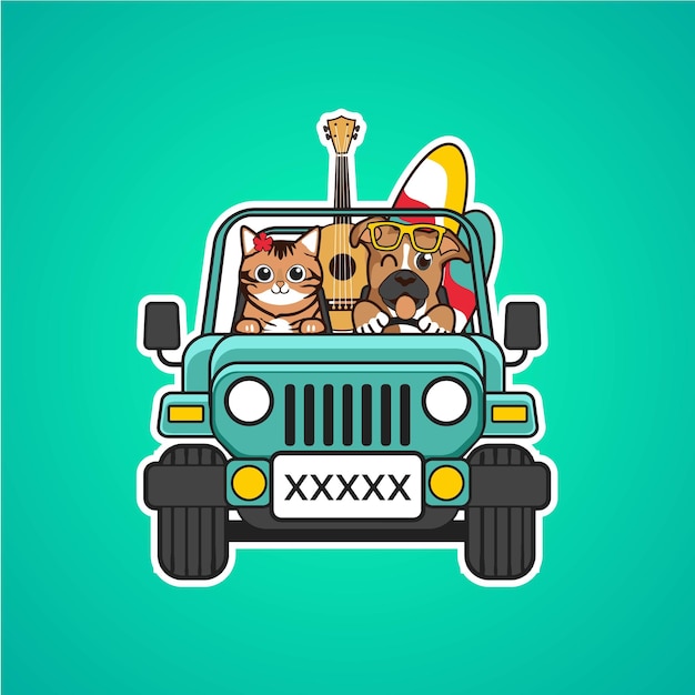 Cartoon character sticker depicting two happy cats and dogs driving a light blue Jeep