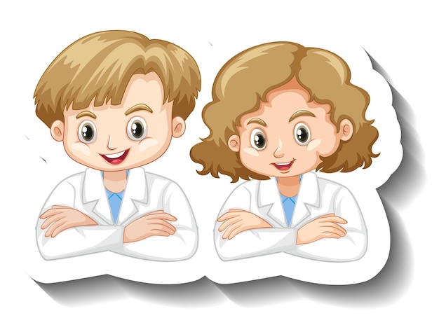 Cartoon character sticker with a couple kid in science gown