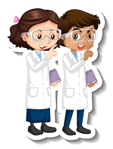 Наклейка с мультипликационным персонажем с парой ученых в научном платье
