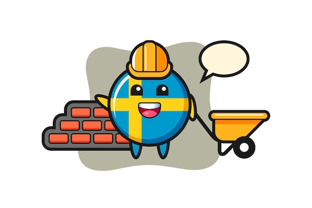 Cartoon character of sweden flag badge as a builder, cute style design for t shirt, sticker, logo element
